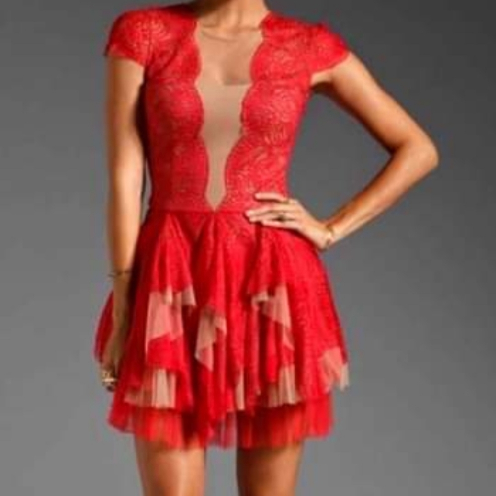 BCBGMaxazria Rochelle Red and Nude Lace Mini dress